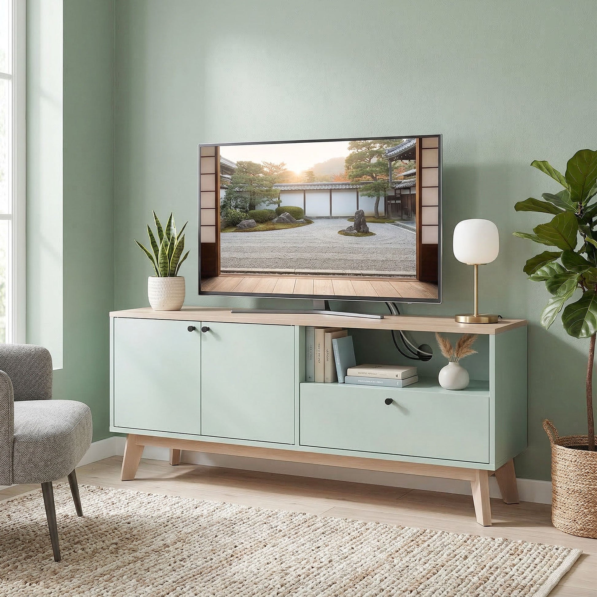 TV Stand Cabinet for Television up to 36 Inch, Modern TV Unit with 2 Doors and Open Shelf, Entertainment Center with Adjustable Shelf for Living Room, Light Green