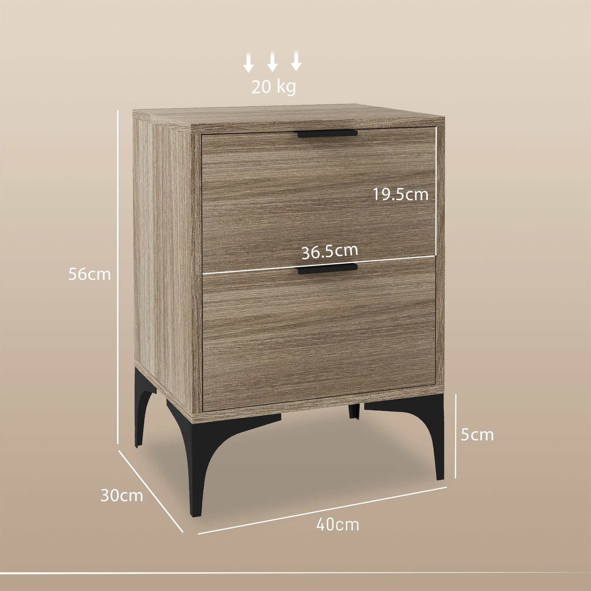 HOMCOM Bedside Tables Set of 2, Modern Nightstand with 2 Drawers, Small Sofa End Tables with Storage and Steel Legs for Bedroom, Living Room, Grey