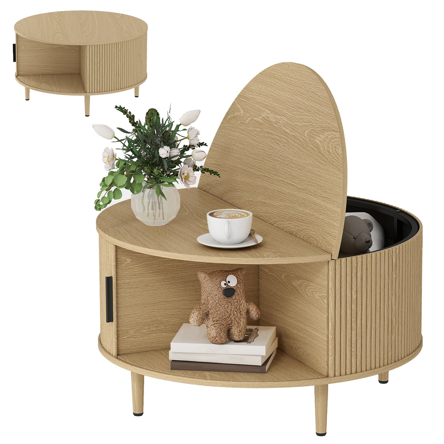 Round Coffee Table with Storage, 80 cm Modern Centre Table with Fluted Sliding Cabinet Door and Lift Top, Wood Circle Drum Table for Living Room, Natural Wood
