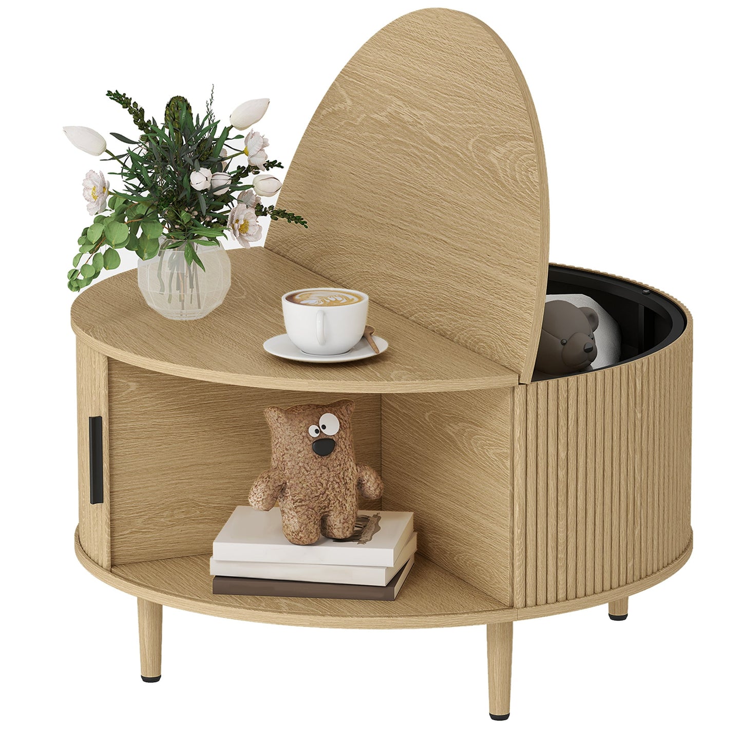 Round Coffee Table with Storage, 80 cm Modern Centre Table with Fluted Sliding Cabinet Door and Lift Top, Wood Circle Drum Table for Living Room, Natural Wood
