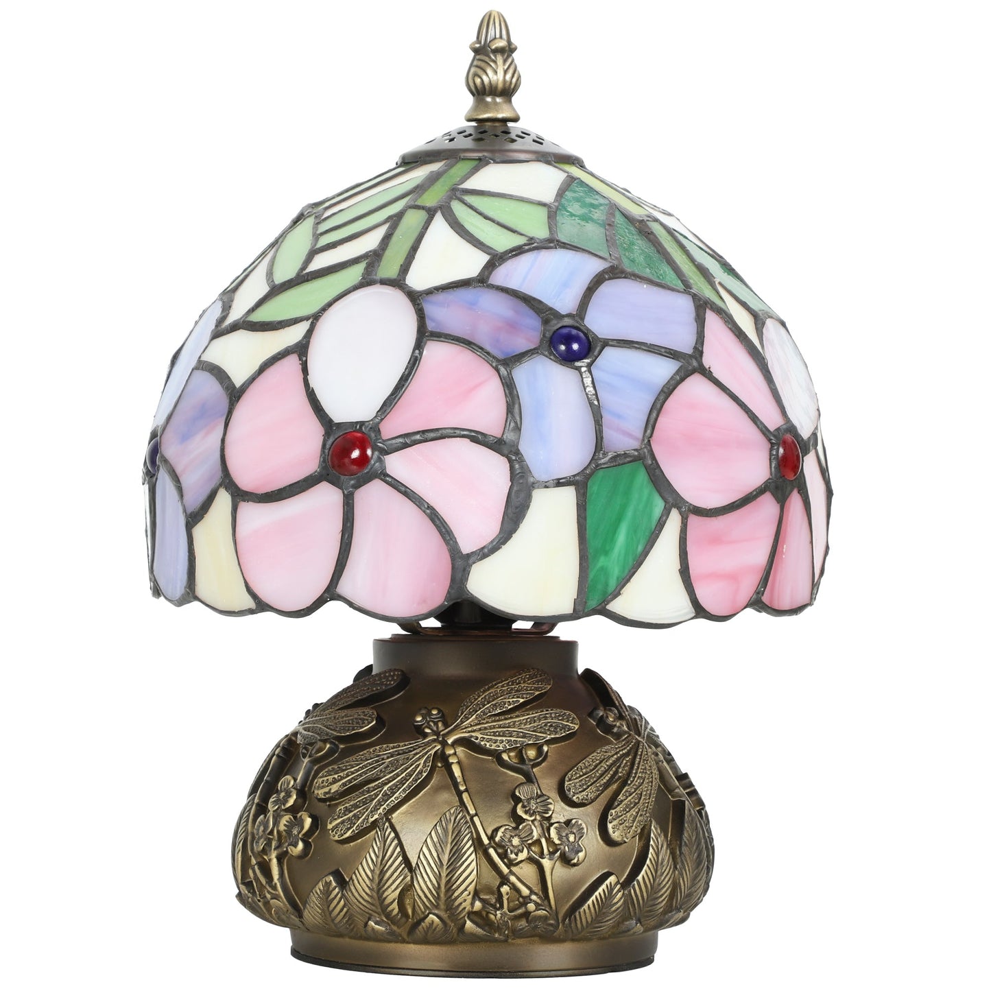 Tiffany-Style Table Lamp with Sculpted Dragonfly Base, Handcrafted Classic Stained Glass Bedside Lamp for Living Room and Bedroom, E27 Socket, Pink