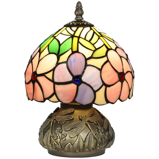 Tiffany-Style Table Lamp with Sculpted Dragonfly Base, Handcrafted Classic Stained Glass Bedside Lamp for Living Room and Bedroom, E27 Socket, Pink