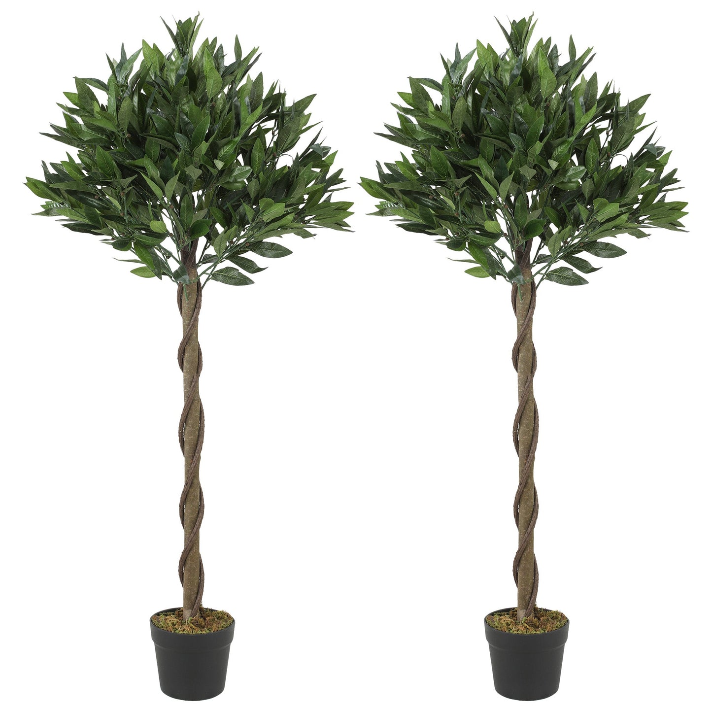 Artificial Bay Laurel Topiary Trees with Twisted Trunk, Realistic Lush Topiary Ball Tree with Weighted Pot, 120cm Indoor Greenery Plant for Home Office Garden Decor, Set of 2, Green
