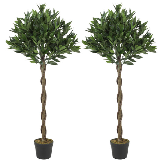 Artificial Bay Laurel Topiary Trees with Twisted Trunk, Realistic Lush Topiary Ball Tree with Weighted Pot, 120cm Indoor Greenery Plant for Home Office Garden Decor, Set of 2, Green