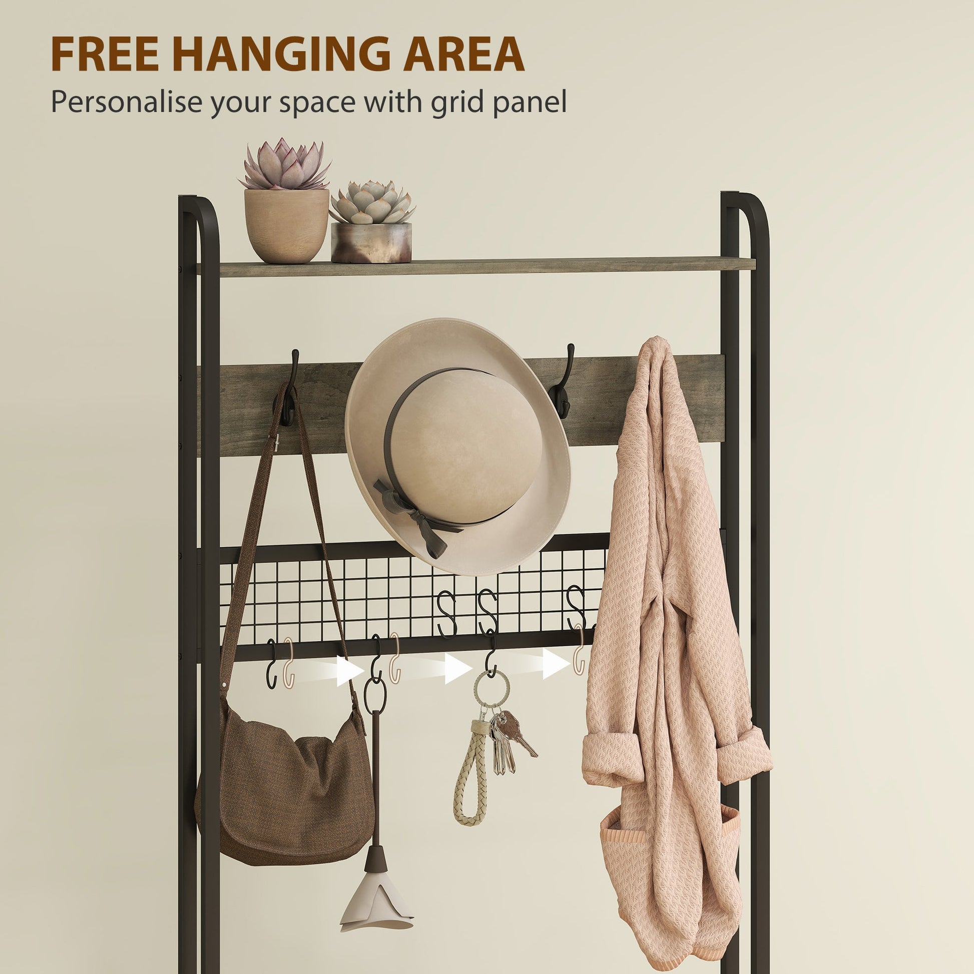 Coat Rack with Shoe Storage Bench and Grid Panel, Hall Tree, 5-In-1 Industrial Coat Rack Stand with Shoe Cabinet and 10 Hooks for Hallway, Entryway, Living Room, Grey