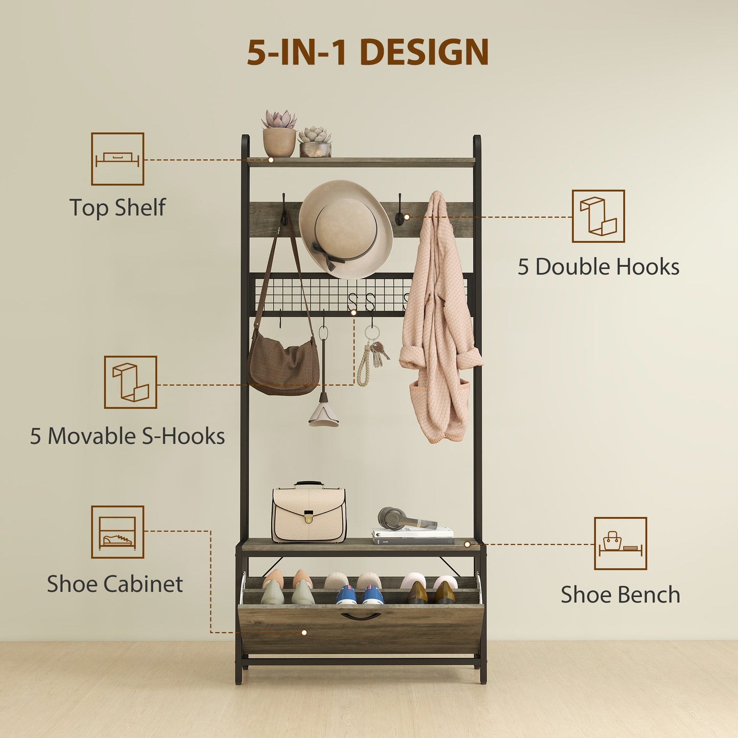 Coat Rack with Shoe Storage Bench and Grid Panel, Hall Tree, 5-In-1 Industrial Coat Rack Stand with Shoe Cabinet and 10 Hooks for Hallway, Entryway, Living Room, Grey
