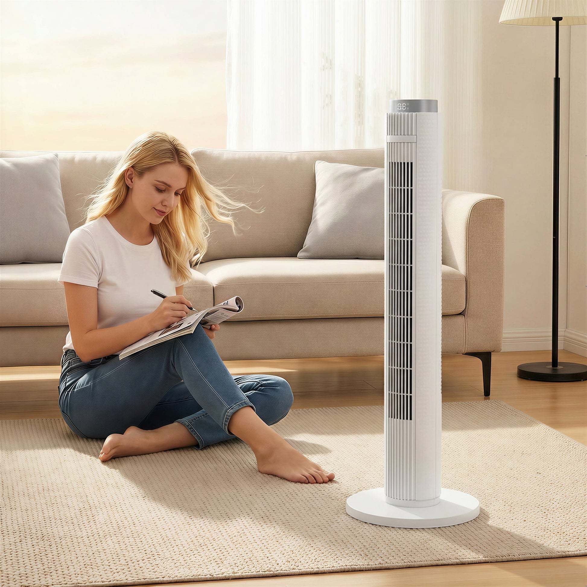 96 cm Tower Fan, Standing Floor Fan with Remote Control, WiFi App Control, 65° Oscillating, 3 Speed 4 Modes, 12 Hour Timer and Night Light for Bedroom Office, White
