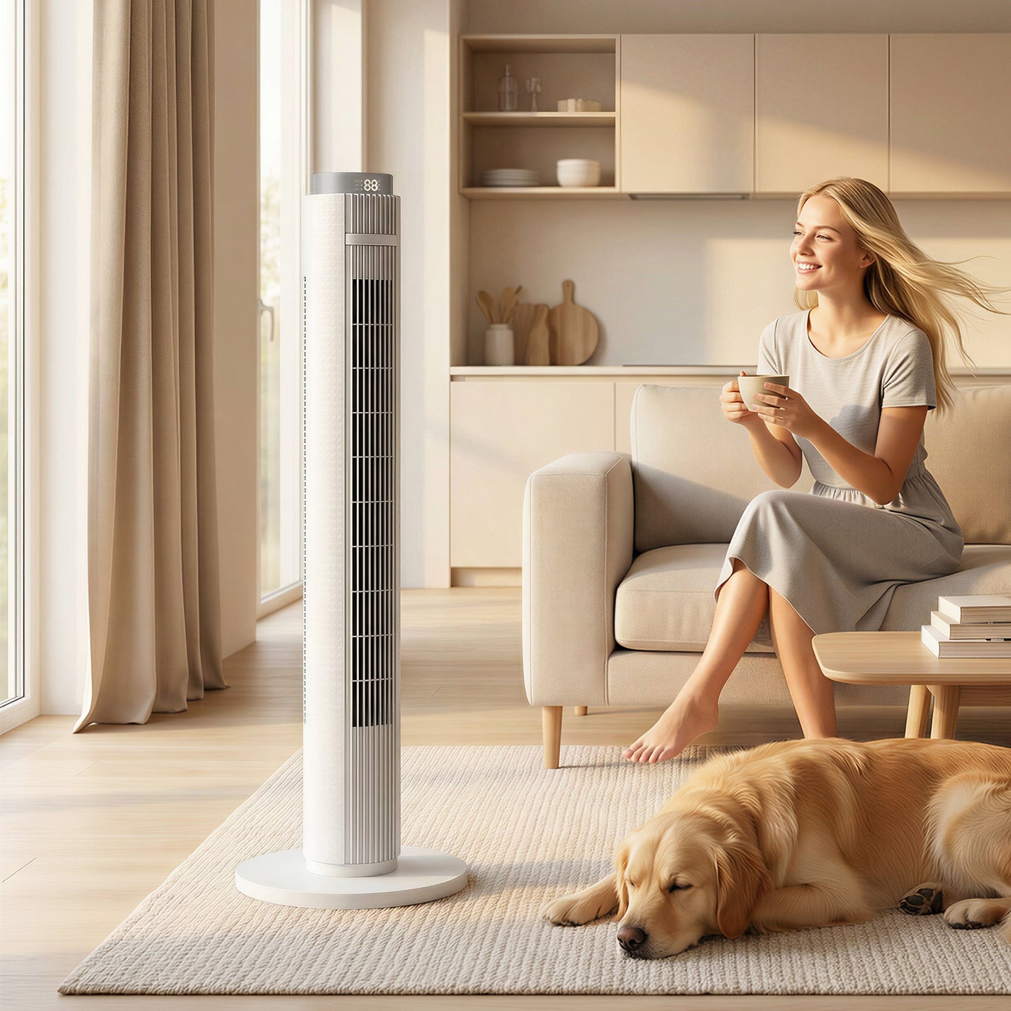 96 cm Tower Fan, Standing Floor Fan with Remote Control, WiFi App Control, 65° Oscillating, 3 Speed 4 Modes, 12 Hour Timer and Night Light for Bedroom Office, White