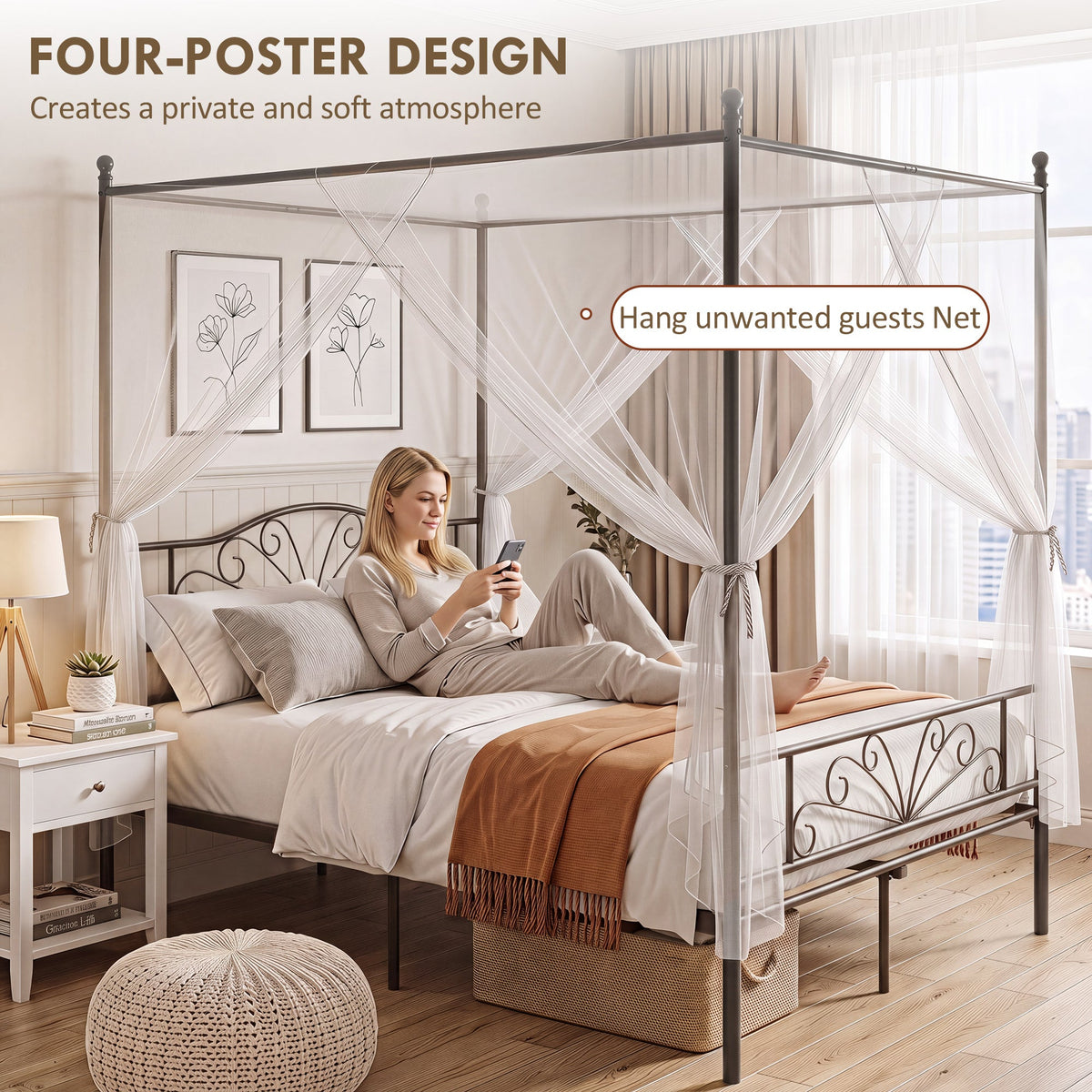 Canopy Bed Frame King Size, Metal Platform Bed Frame with Headboard and Footboard, Underbed Storage, Heavy Duty Steel Slats Support Mattress Foundation, No Box Spring Needed, Black