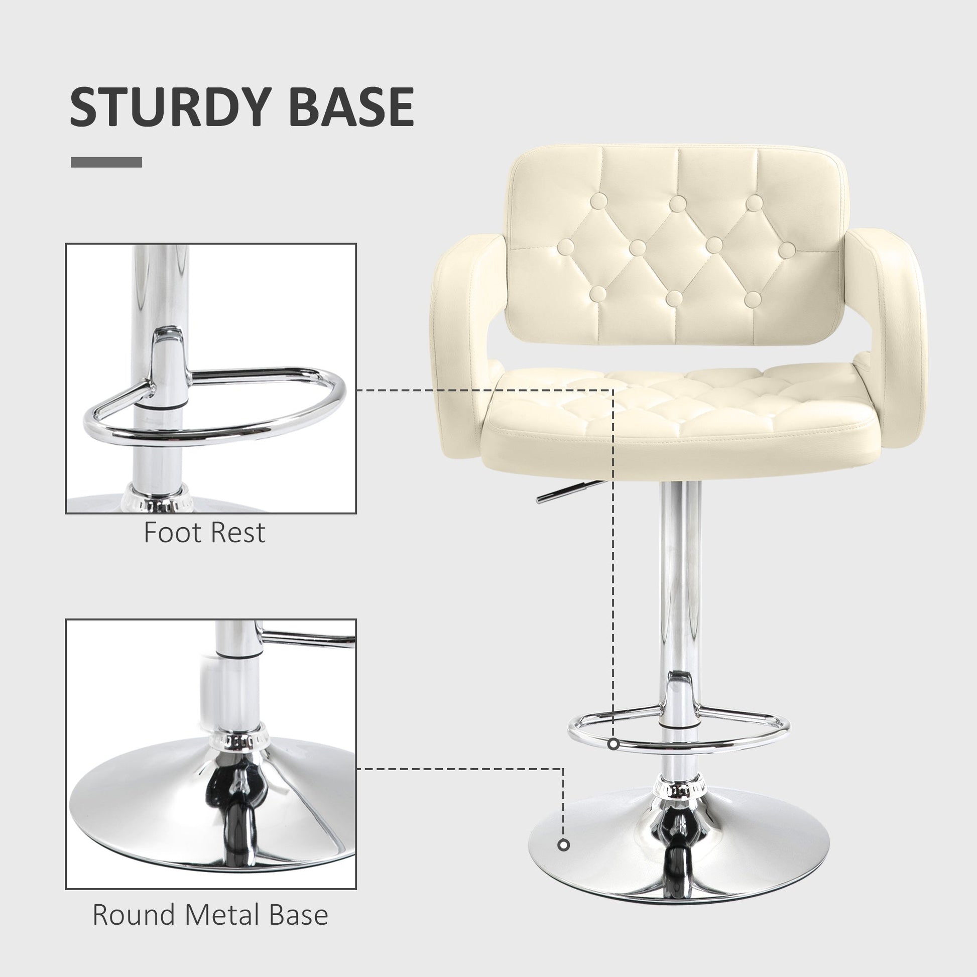 HOMCOM Swivel Bar Stool with Extra Large Seat, PU Leather Upholstered Adjustable Barstool with Back, Arm and Footrest, Breakfast Bar Chair for Bistro, Kitchen, Beige