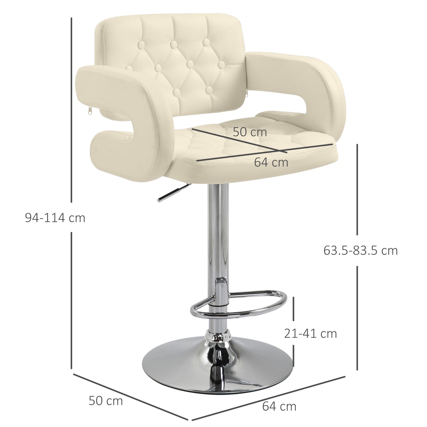 HOMCOM Swivel Bar Stool with Extra Large Seat, PU Leather Upholstered Adjustable Barstool with Back, Arm and Footrest, Breakfast Bar Chair for Bistro, Kitchen, Beige