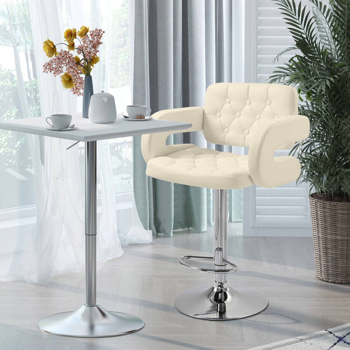 HOMCOM Swivel Bar Stool with Extra Large Seat, PU Leather Upholstered Adjustable Barstool with Back, Arm and Footrest, Breakfast Bar Chair for Bistro, Kitchen, Beige