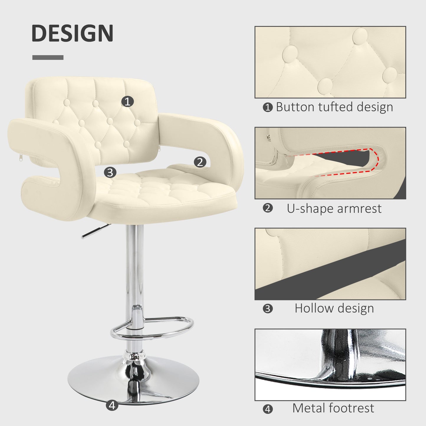 HOMCOM Swivel Bar Stool with Extra Large Seat, PU Leather Upholstered Adjustable Barstool with Back, Arm and Footrest, Breakfast Bar Chair for Bistro, Kitchen, Beige