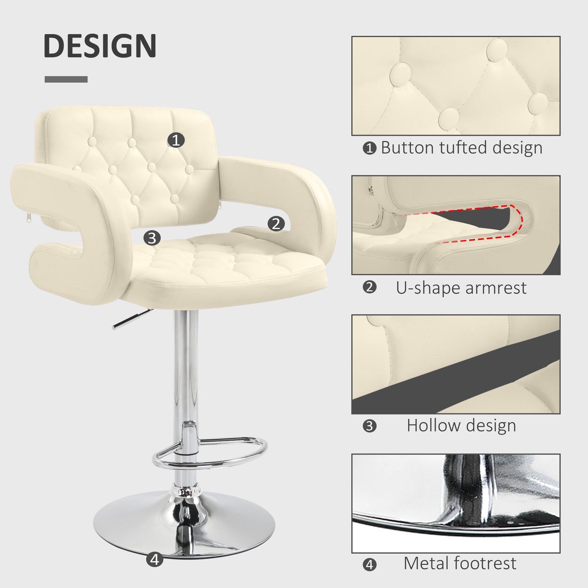 HOMCOM Swivel Bar Stool with Extra Large Seat, PU Leather Upholstered Adjustable Barstool with Back, Arm and Footrest, Breakfast Bar Chair for Bistro, Kitchen, Beige
