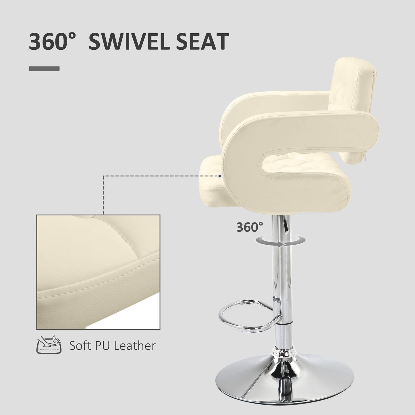 HOMCOM Swivel Bar Stool with Extra Large Seat, PU Leather Upholstered Adjustable Barstool with Back, Arm and Footrest, Breakfast Bar Chair for Bistro, Kitchen, Beige