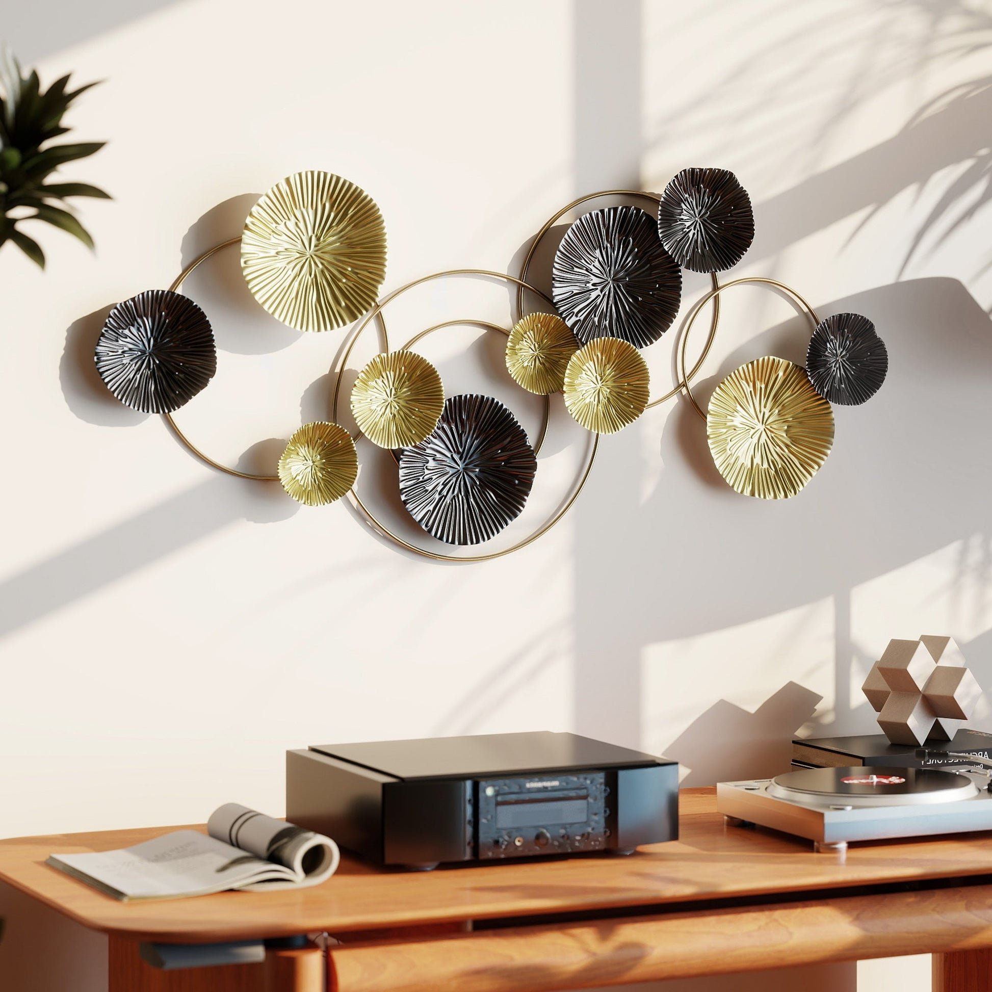 Large Metal Wall Art, Modern Hanging Wall Sculpture with Unique Multi-Disc Design, Horizontal or Vertical Metal Hanging Decoration for Living Room Bedroom Entryway