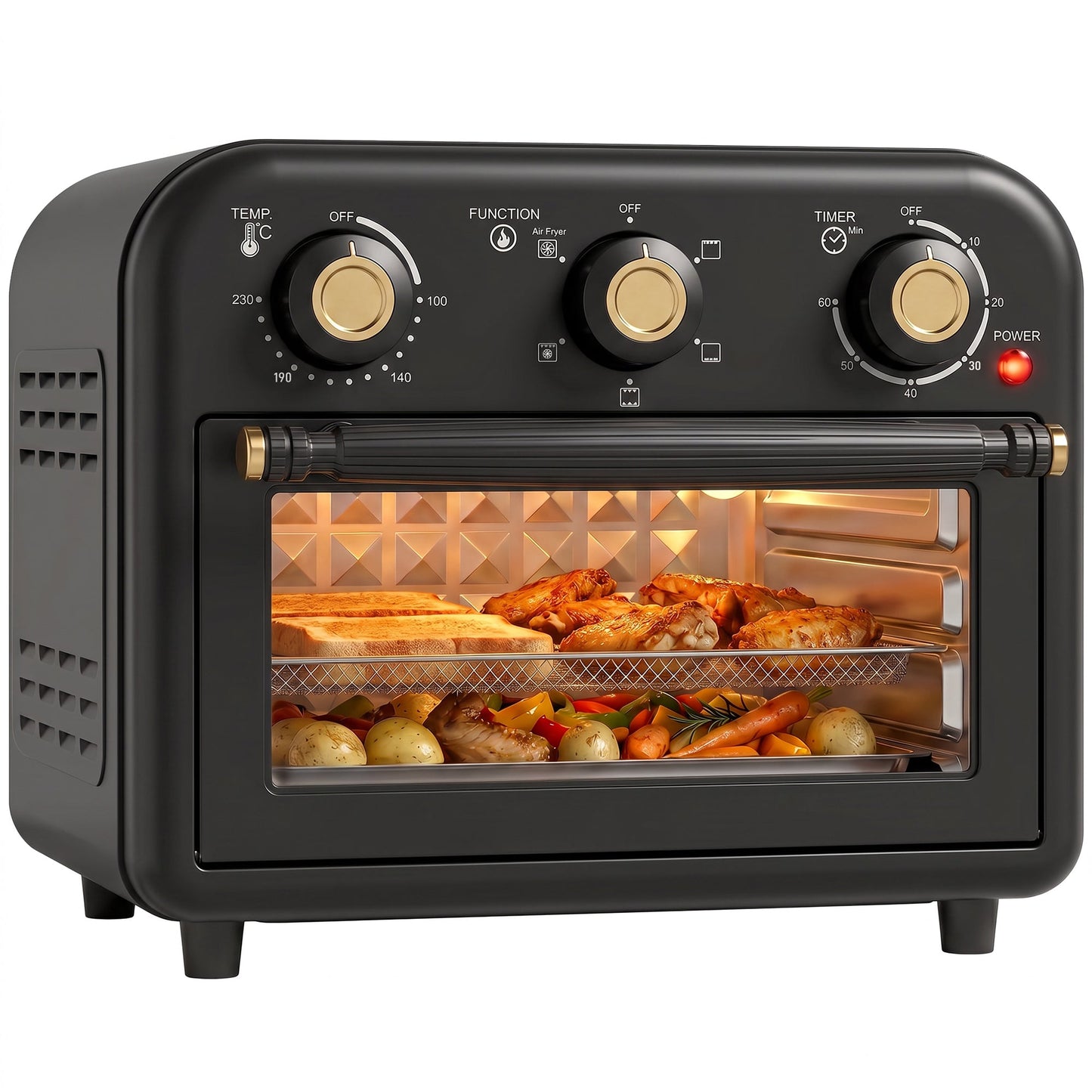 Air Fryer Toaster Oven, 12 L Small Convection Countertop Oven with Knob Controls, Baking Tray and Fry Basket, Adjustable Temperature, Timer, Dishwasher Safe, 1200W, Steel, Black
