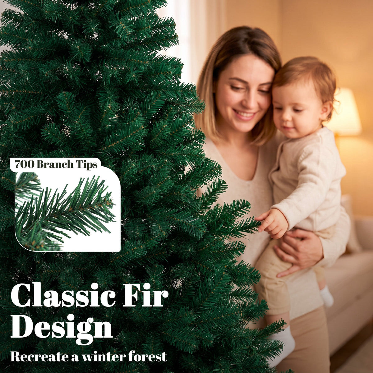 6ft/180cm Artificial Christmas Tree, Fir Hinged Xmas Tree with 700 Branch Tips, Foldable Steel Stand, Easy Assembly for Home Office Holiday Decoration, Green