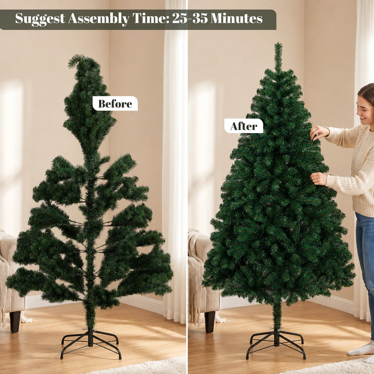 6ft/180cm Artificial Christmas Tree, Fir Hinged Xmas Tree with 700 Branch Tips, Foldable Steel Stand, Easy Assembly for Home Office Holiday Decoration, Green