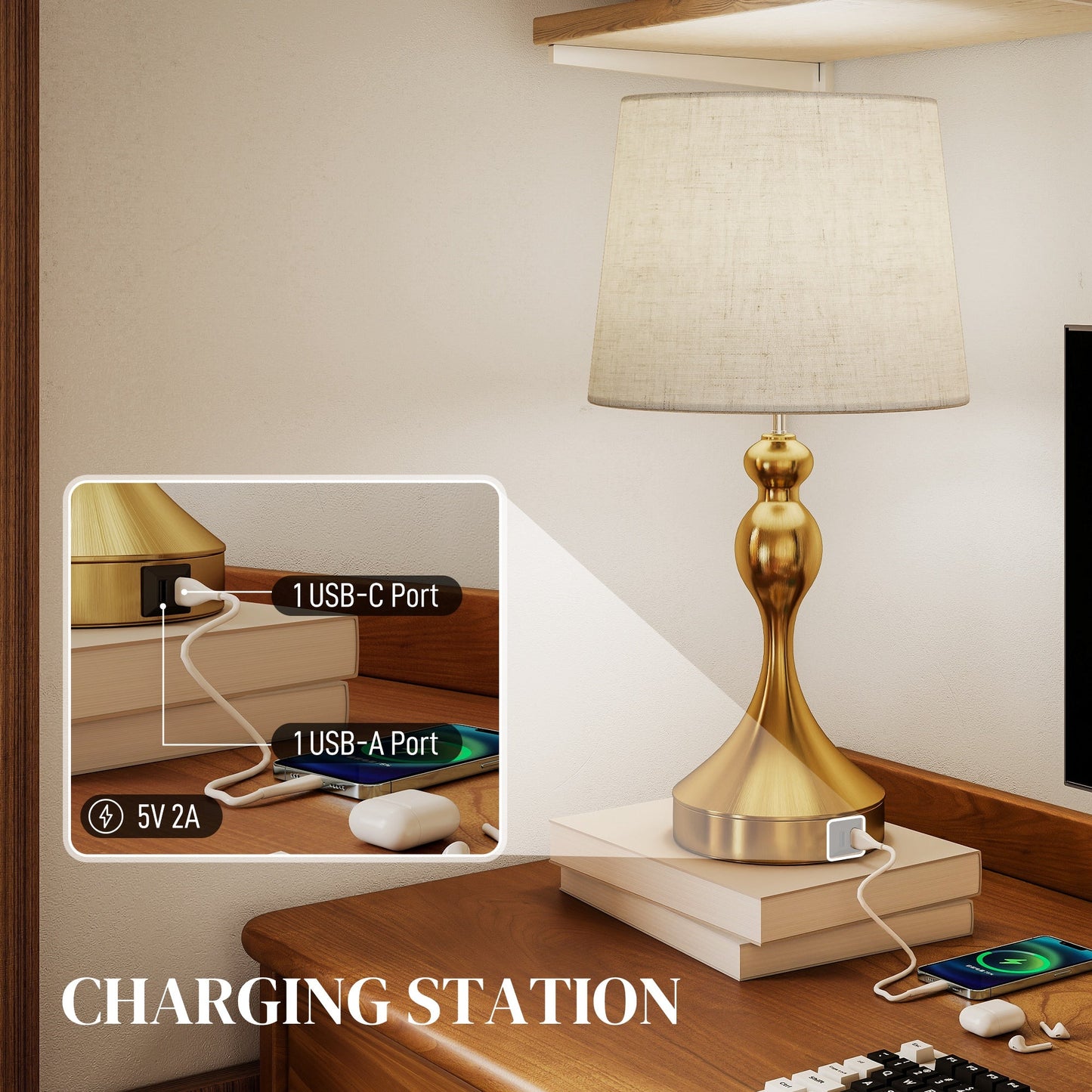Dimmable Bedside Lamps Set of 2, Modern Table Lamps with 3 Colour Temperatures, USB A+C Charging Ports and Linen Shade for Living Room Bedroom Office, Gold Tone