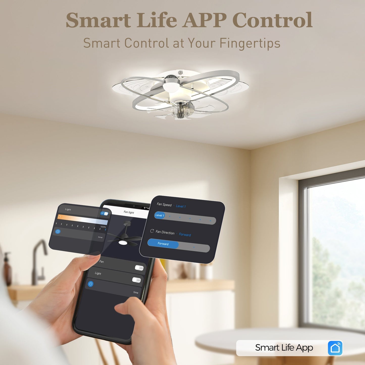 Ceiling Fans with Lights and Remote & App Control, 62 cm Modern LED Ceiling Fan Light with 3 Colour Temperatures, 6 Speed, Timer, Dimmable, Quiet Reversible DC Motor, for Bedroom, Silver Tone