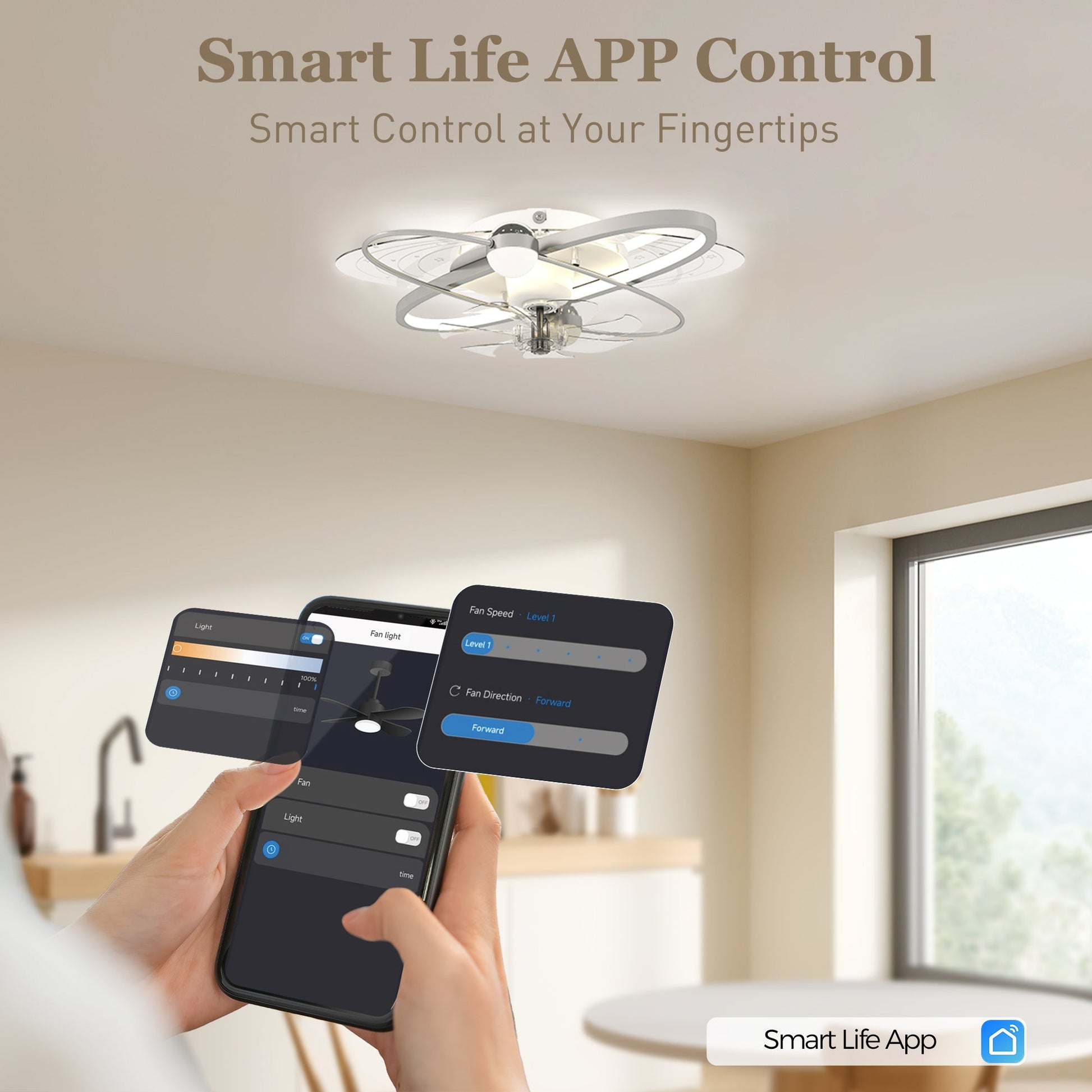Ceiling Fans with Lights and Remote & App Control, 62 cm Modern LED Ceiling Fan Light with 3 Colour Temperatures, 6 Speed, Timer, Dimmable, Quiet Reversible DC Motor, for Bedroom, Silver Tone