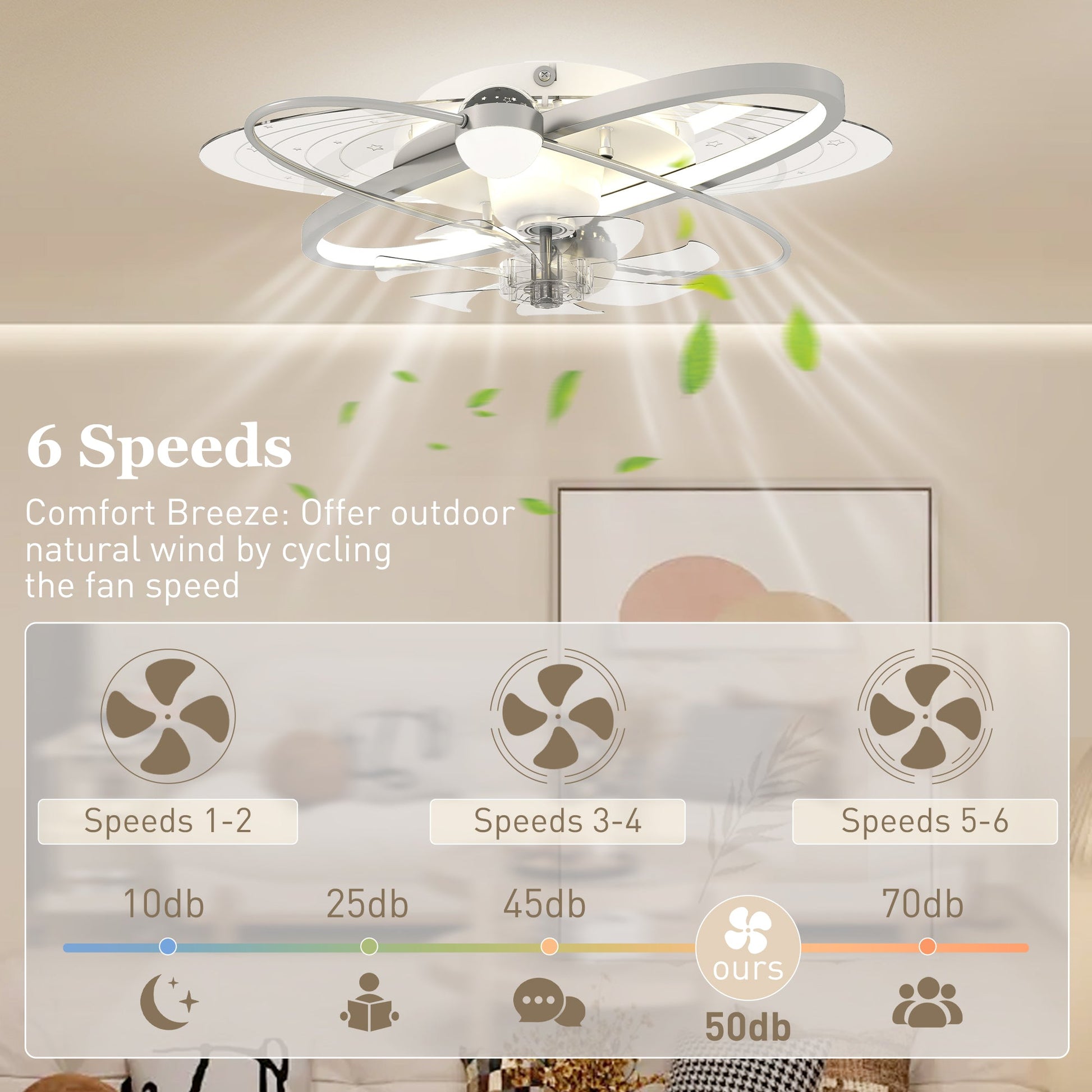 Ceiling Fans with Lights and Remote & App Control, 62 cm Modern LED Ceiling Fan Light with 3 Colour Temperatures, 6 Speed, Timer, Dimmable, Quiet Reversible DC Motor, for Bedroom, Silver Tone