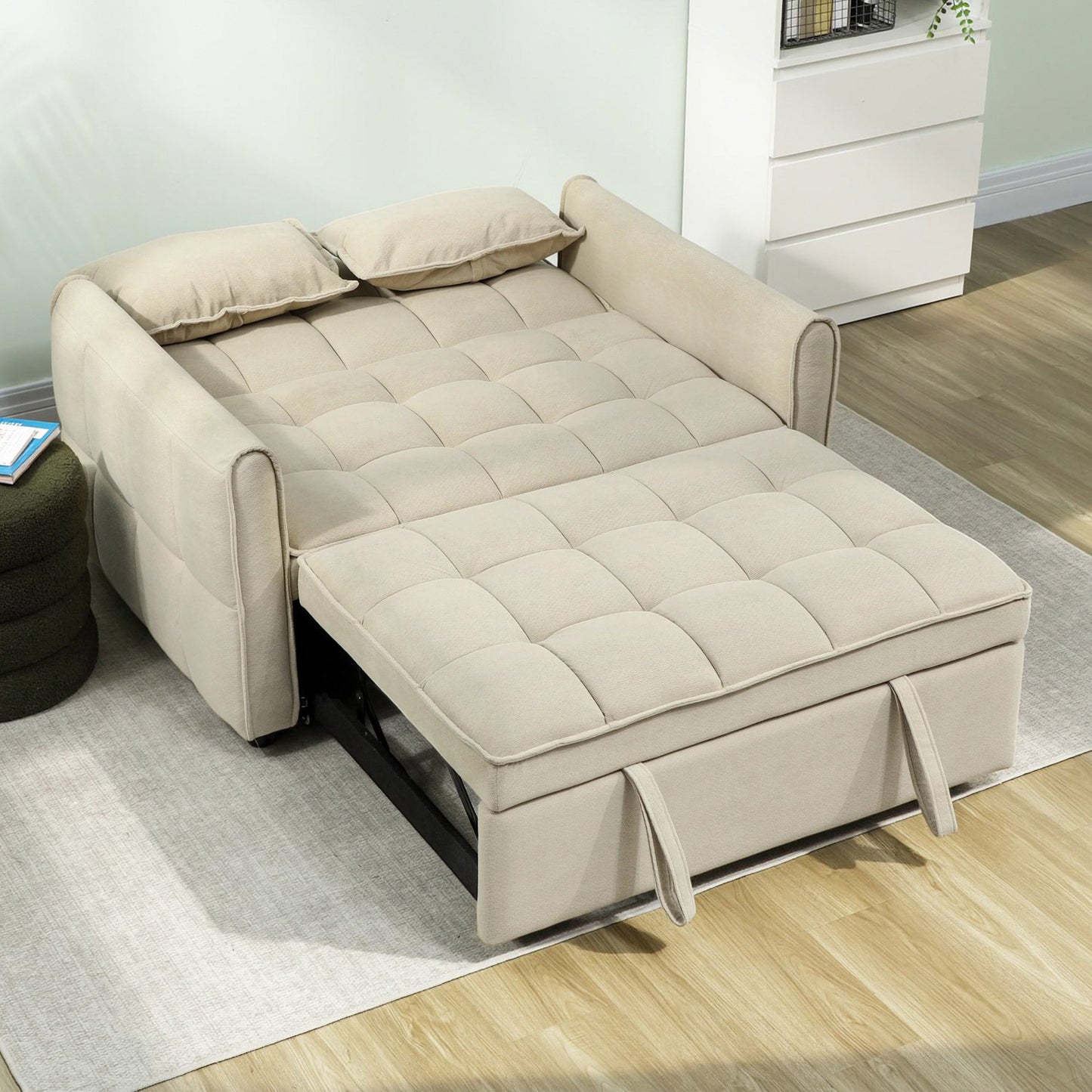 2 Seater Sofa Bed, 3-in-1 Convertible Sleeper Sofa with Click-clack Adjustable Backrest and 2 Pillows, Pull Out Corn Velvet-feel Fabric Bed Settee for Living Room, Guest Room, Light Brown