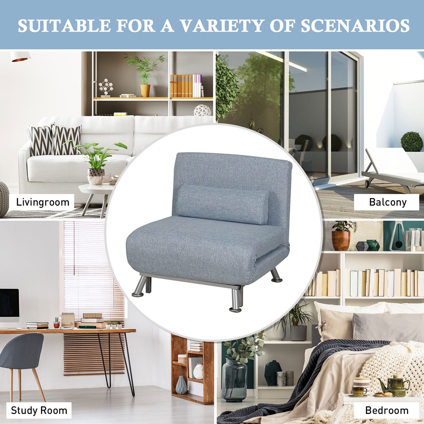 HOMCOM Linen Single Chair Bed, 3-in-1 Convertible Sleeper Chair with Adjustable Backrest, Pillow, for Living Room, Bedroom, Sky Blue