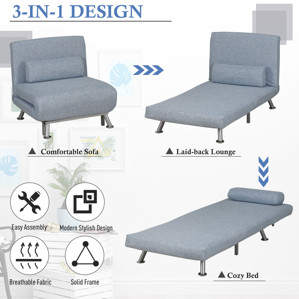 HOMCOM Linen Single Chair Bed, 3-in-1 Convertible Sleeper Chair with Adjustable Backrest, Pillow, for Living Room, Bedroom, Sky Blue