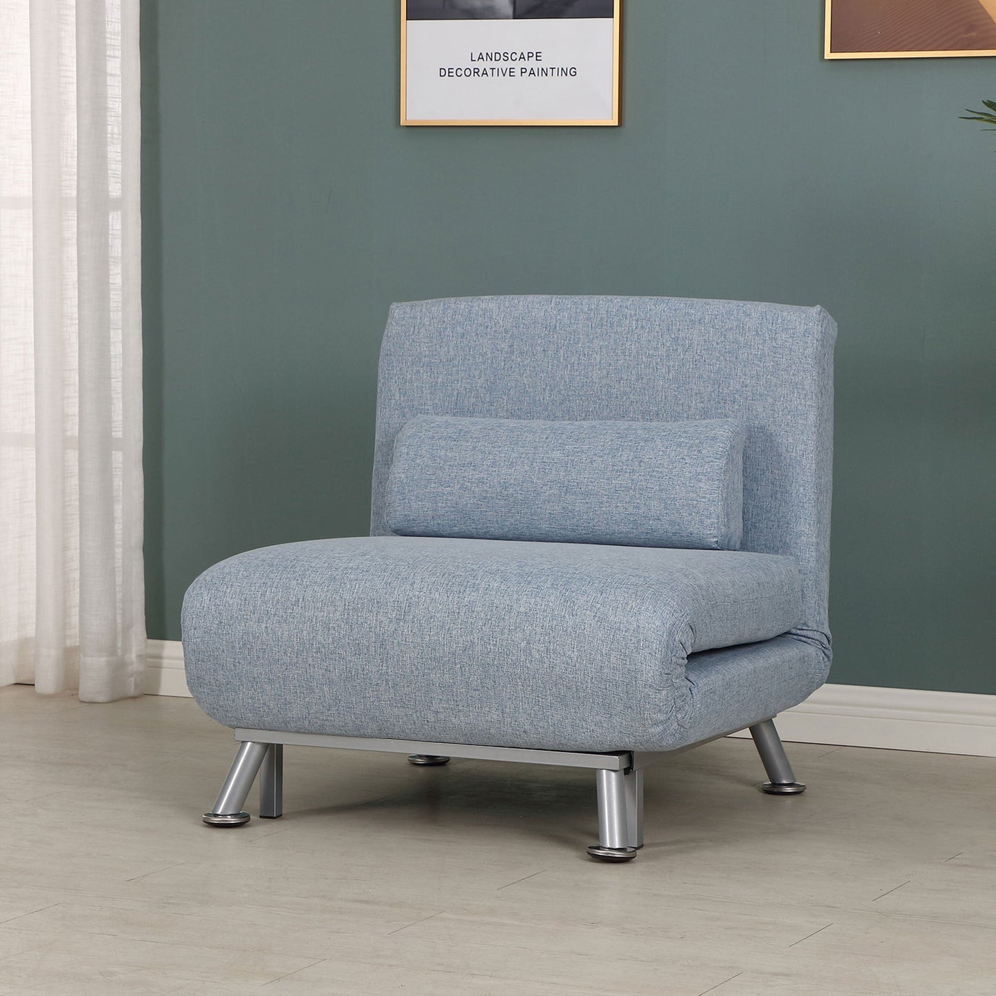 HOMCOM Linen Single Chair Bed, 3-in-1 Convertible Sleeper Chair with Adjustable Backrest, Pillow, for Living Room, Bedroom, Sky Blue