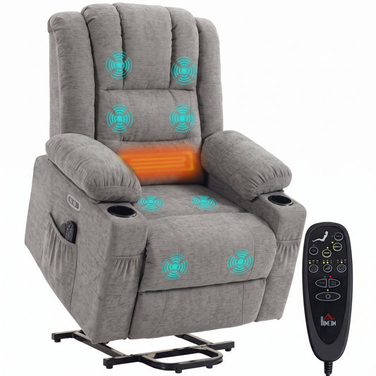 Oversized Riser Recliner Chair with Vibration Massage and Heat, Electric Power Lift Recliner for Elderly w/ Wide Seat and Back, Spring Cushion, USB Port, Side Pockets, Chenille Armchair, Grey