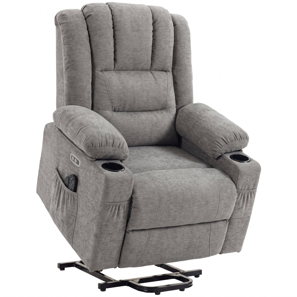 Oversized Riser Recliner Chair with Vibration Massage and Heat, Electric Power Lift Recliner for Elderly w/ Wide Seat and Back, Spring Cushion, USB Port, Side Pockets, Chenille Armchair, Grey