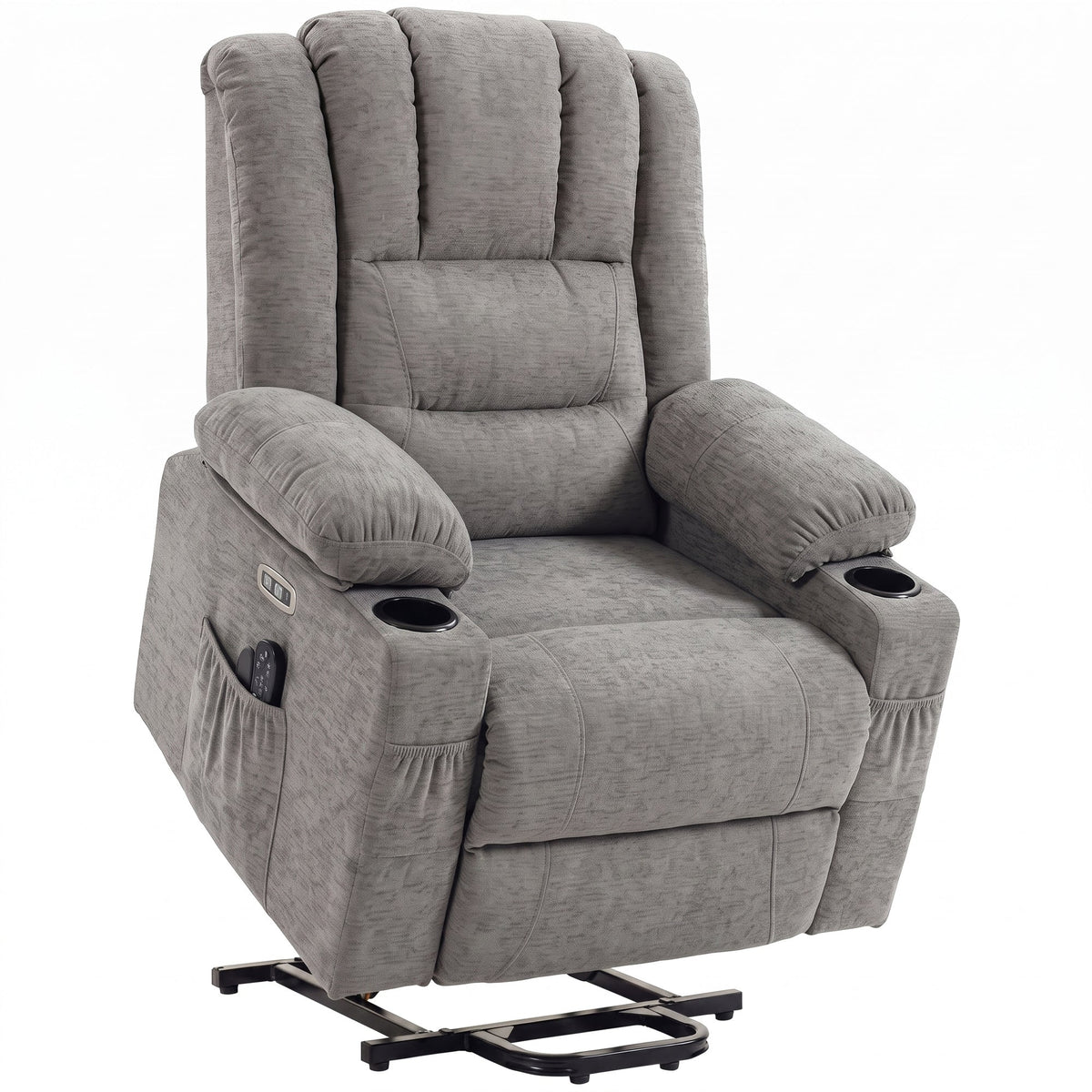 Oversized Riser Recliner Chair with Vibration Massage and Heat, Electric Power Lift Recliner for Elderly w/ Wide Seat and Back, Spring Cushion, USB Port, Side Pockets, Chenille Armchair, Grey