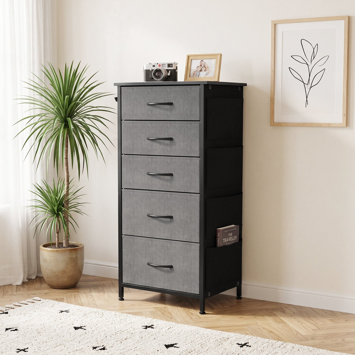 Chest of Drawers, Dresser for Bedroom with 5 Fabric Drawers, Tall Storage Unit with 4 Pockets, 2 Hooks and Steel Frame for Living Room, Hallway, Charcoal Grey