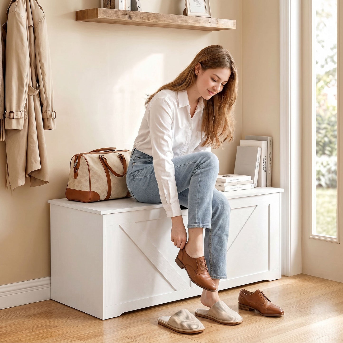 100L Storage Chest, Shoe Storage Trunk Bench Box with Safety Hinge and U-shaped Cut-out Pull, Blanket Box Ottoman for Bedroom, Living Room, Entryway, 80 x 40 x 45 cm, White Wood-Effect