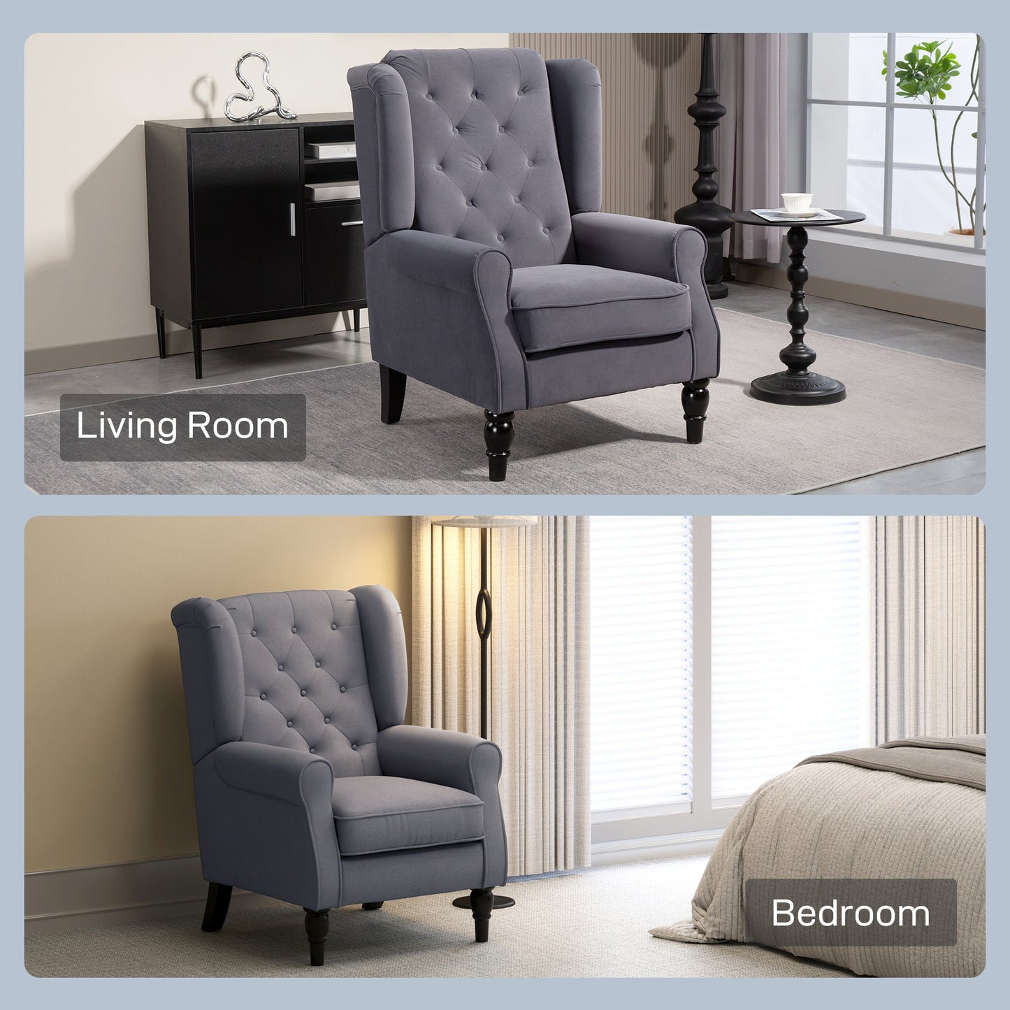 Retro Accent Chair, Velvet Wingback Armchair with Wood Frame Button Tufted Design for Living Room Bedroom, Charcoal Grey
