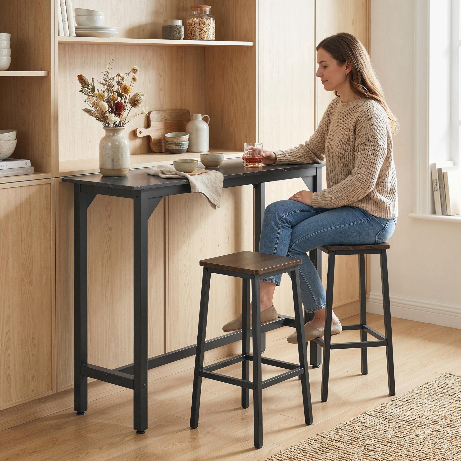 Rectangular Bar Table, Marble Effect Pub Coffee Table with Adjustable Footpads, Metal Frame, for Small Space, Breakfast Dining, Kitchen, Living Room, Industrial, Black Marble Effect