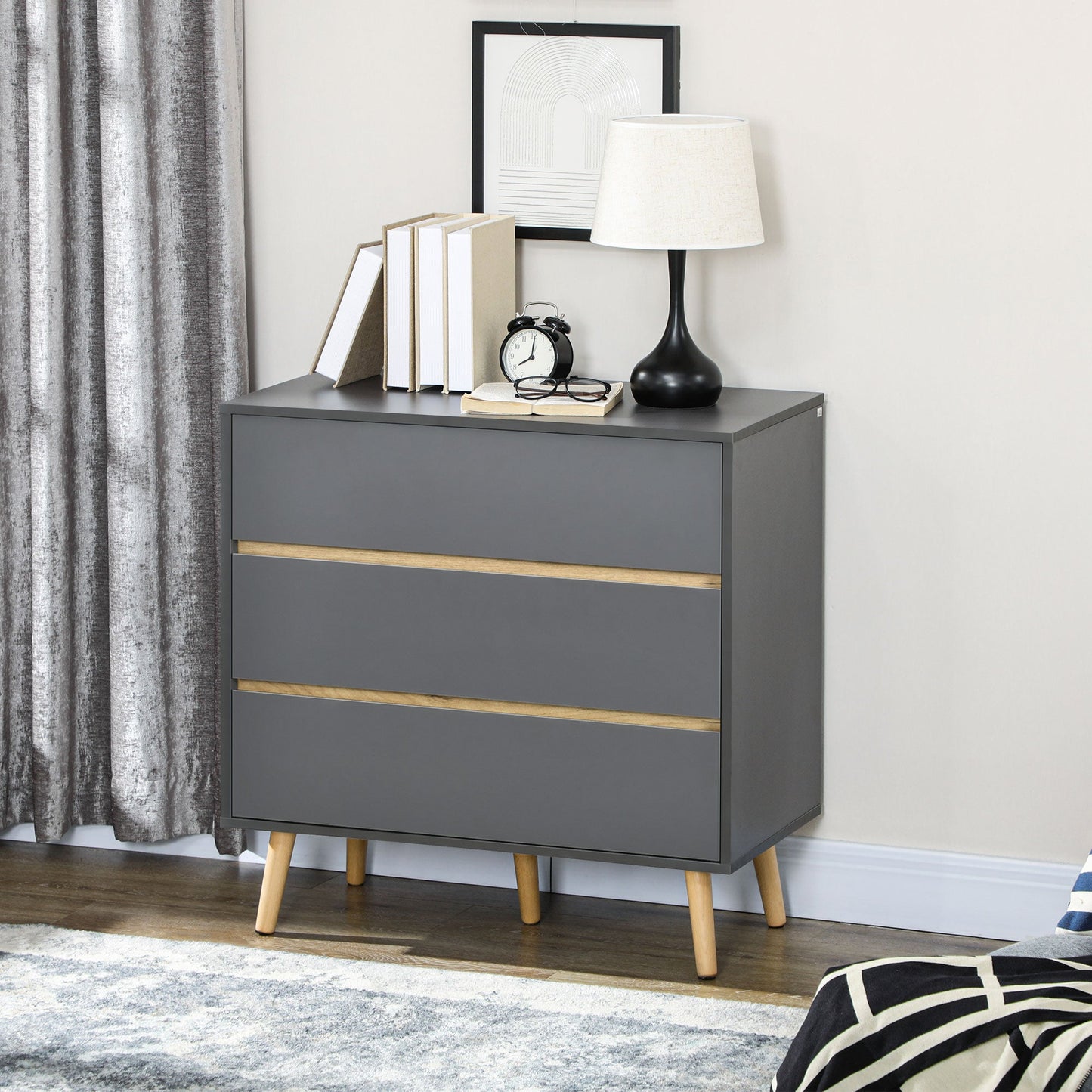 HOMCOM Chest of Drawers, 3-Drawer Storage Cabinet Organiser with Wood Legs for Bedroom, Living Room, Dark Grey