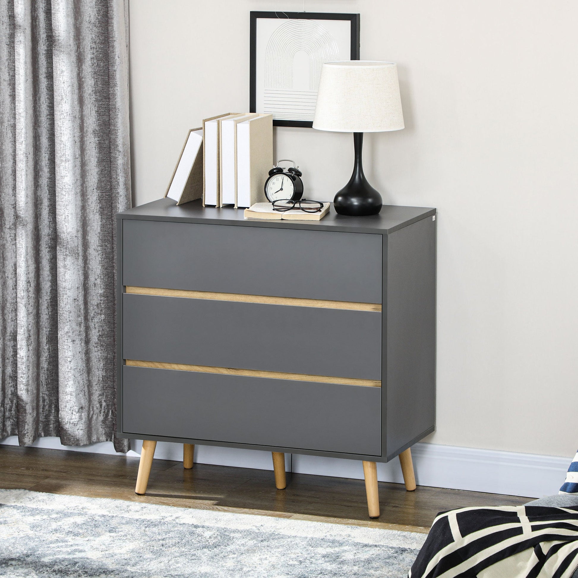 HOMCOM Chest of Drawers, 3-Drawer Storage Cabinet Organiser with Wood Legs for Bedroom, Living Room, Dark Grey
