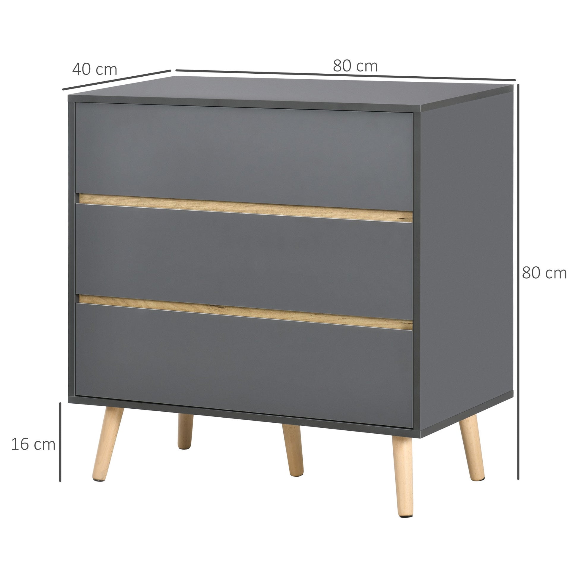 HOMCOM Chest of Drawers, 3-Drawer Storage Cabinet Organiser with Wood Legs for Bedroom, Living Room, Dark Grey