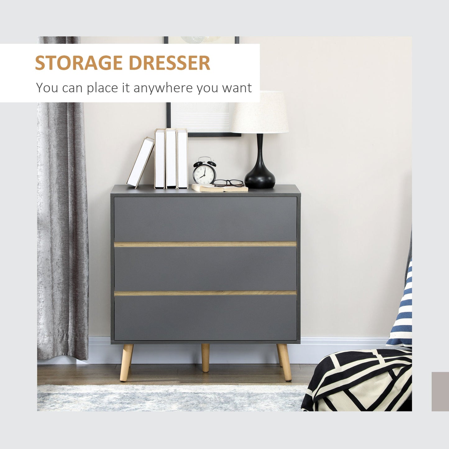 HOMCOM Chest of Drawers, 3-Drawer Storage Cabinet Organiser with Wood Legs for Bedroom, Living Room, Dark Grey