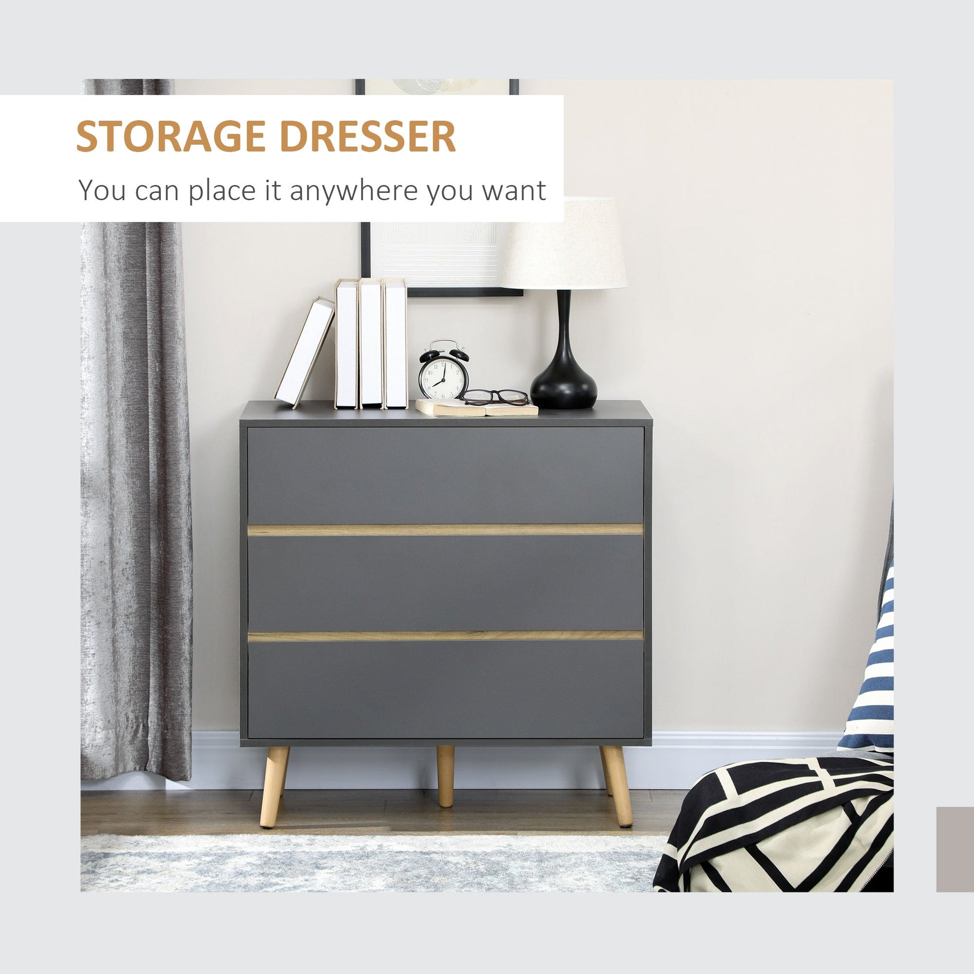 HOMCOM Chest of Drawers, 3-Drawer Storage Cabinet Organiser with Wood Legs for Bedroom, Living Room, Dark Grey