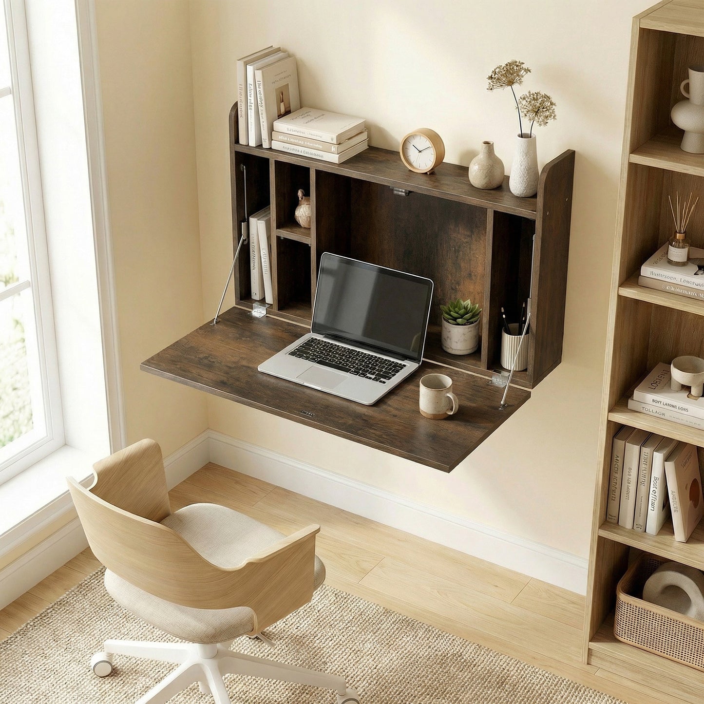 Wall Mounted Desk, Drop Leaf Floating Laptop Desk with Space Saving Storage Compartments for Home Office and Study, 77cm x 20cm x 51cm, Dark Brown
