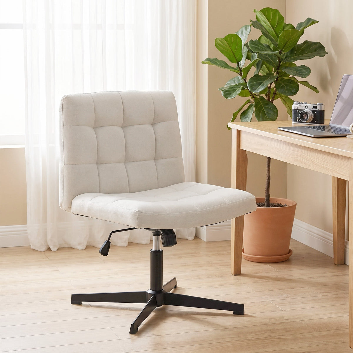 Armless Office Chair, Cross Legged Linen Computer Desk Vanity Chair with Wide Seat, Rocking Function, Swivel, Adjustable Height for Home Office, Study, Bedroom, Makeup, Beige
