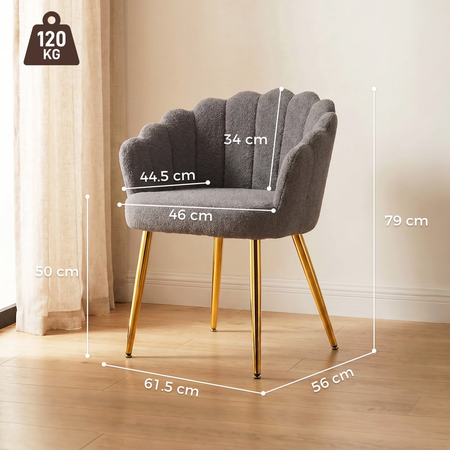 Petal-Back Lounge Chair, Faux Lamb's Wool Lounge Seat with Metal Legs and Adjustable Feet, Modern Armchair for Living Room, Bedroom, Balcony, Office, Grey