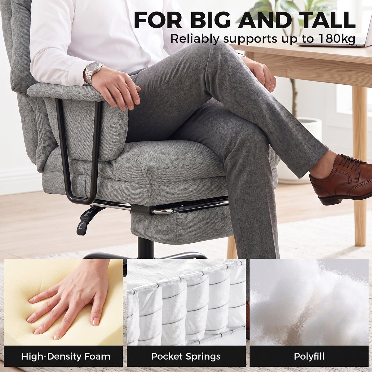 Office Chair, 180kg Heavy Duty Linen Computer Desk Chair with Lumbar Support, Wide Seat, Spring Cushion, Reclining Backrest, Footrest, Swivel Wheels, Grey