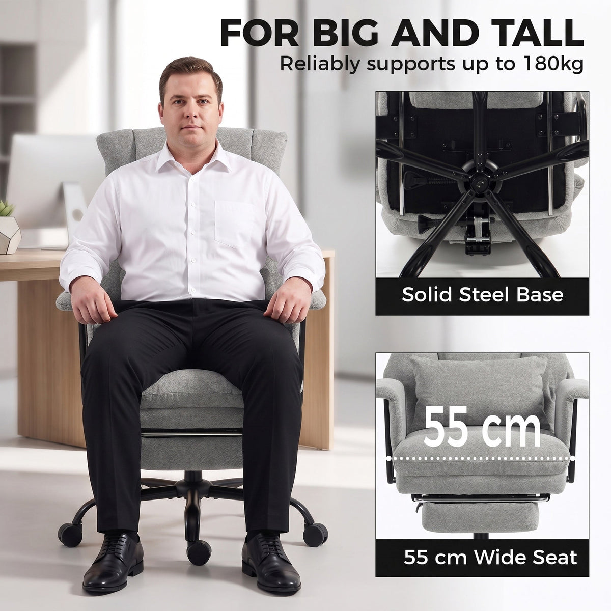 Office Chair, 180kg Heavy Duty Linen Computer Desk Chair with Lumbar Support, Wide Seat, Spring Cushion, Reclining Backrest, Footrest, Swivel Wheels, Grey