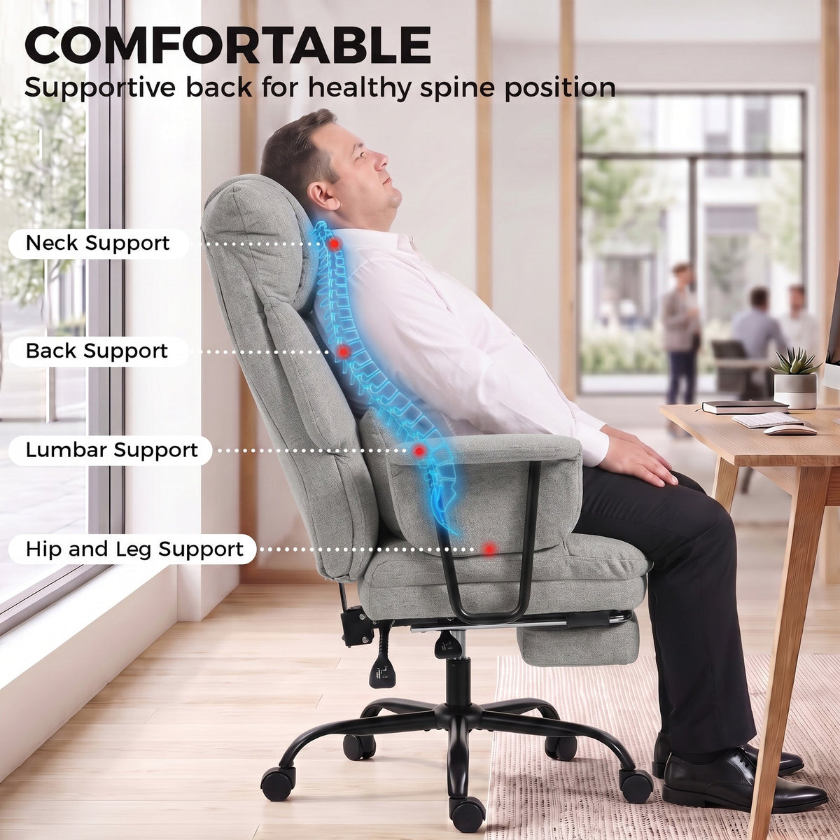 Office Chair, 180kg Heavy Duty Linen Computer Desk Chair with Lumbar Support, Wide Seat, Spring Cushion, Reclining Backrest, Footrest, Swivel Wheels, Grey