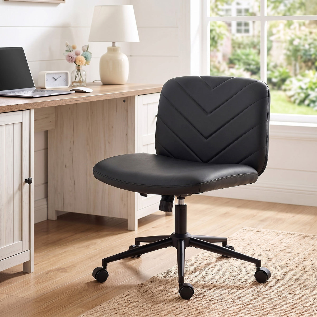 Criss Cross Legged Office Chair with Wide Seat, Swivel Desk Chair with Wheels, Rocking Function, Backrest, Adjustable Height, High-Density Foam, Computer Seat for Home Office, Bedroom, Black